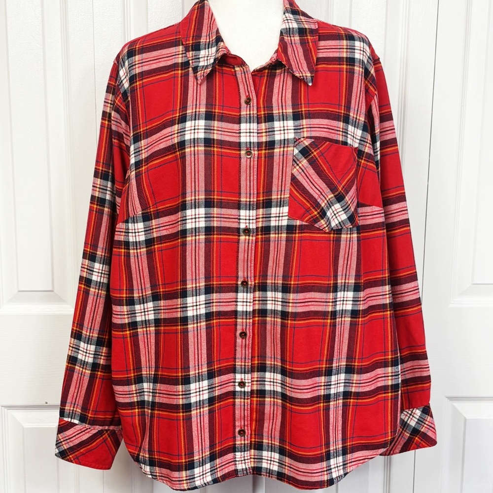 Riders Lee Red Multi Plaid Check Flannel Long Sleeve Button Down Shirt 1X